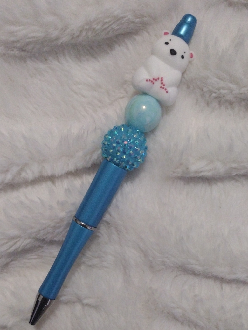 Cute Blue Bear Beaded Pen - Fun Writing Accessory